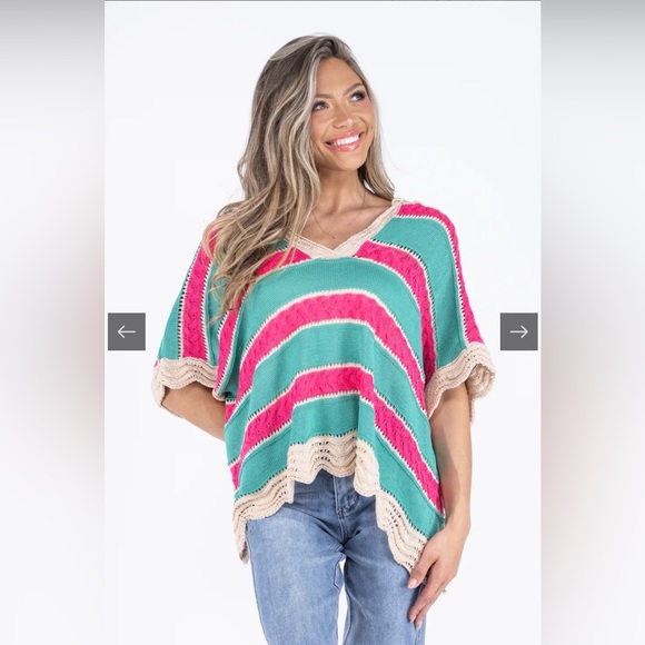 Striped hooded Knit oversized Top in Teal and Pink - Picture 5 of 13